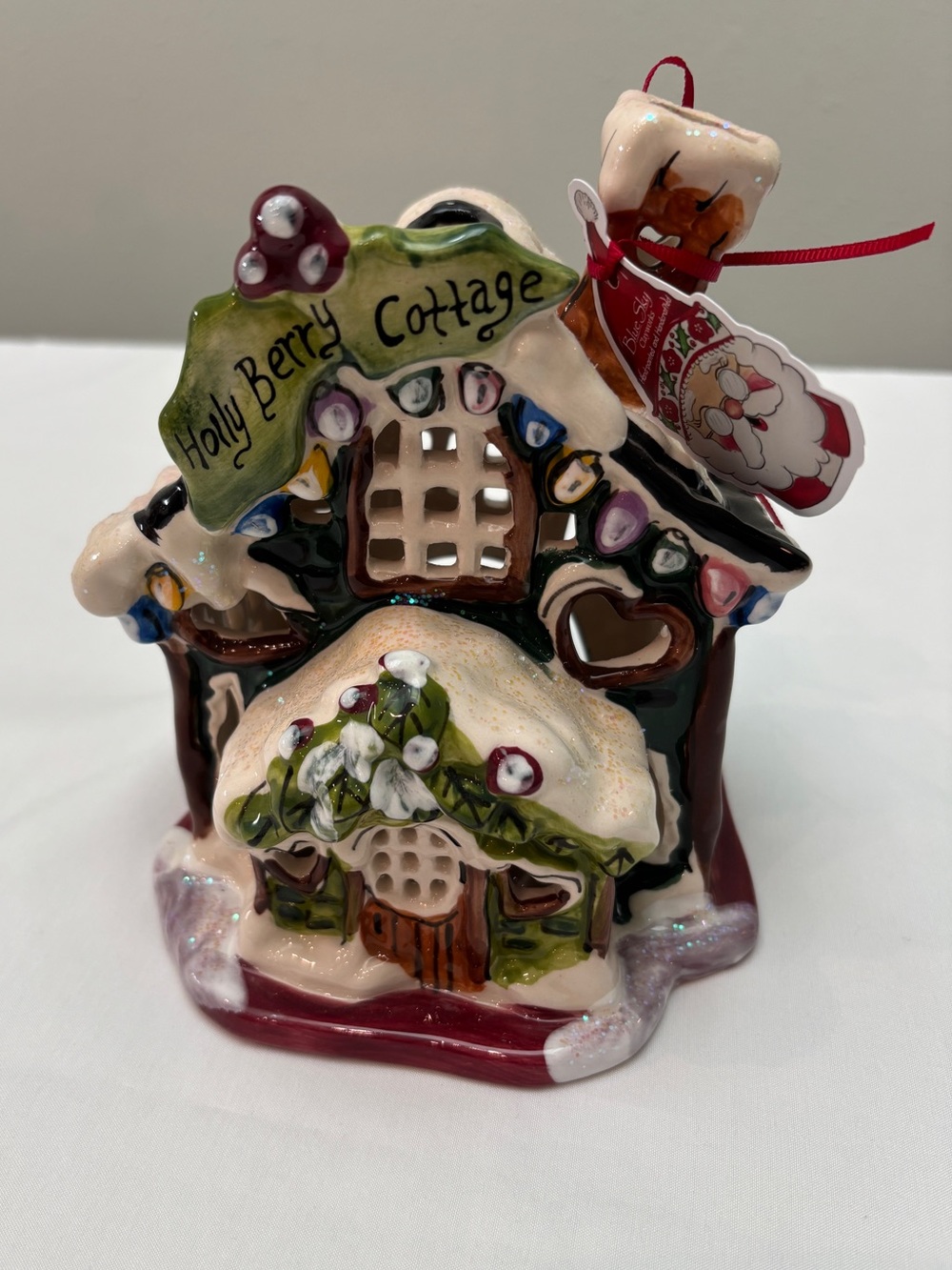 NWT Blue Sky Holly Berry Cottage Ceramic Holiday Tealight House